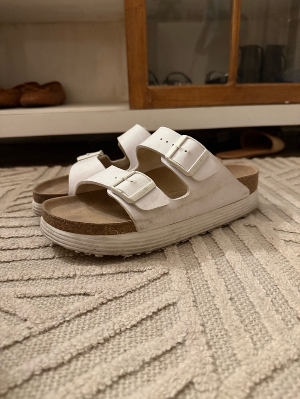 Birkenstock White Dual-Buckle Platform Slides